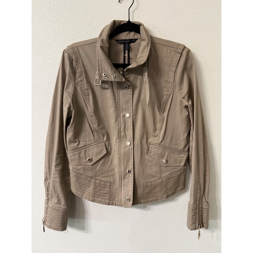 White House Black Market Khaki Utility Military Jacket Funnel Neck Size 10